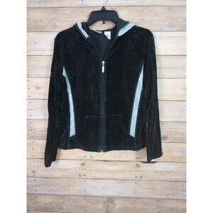 Vintage Bold Spirit Women Jacket Small Black Gray Velour Full Zip Hoodie Casual